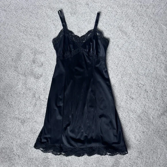 Vintage 60s Black Lace Nylon Slip Dress Adonna Penneys Lingerie XS - Picture 7 of 12